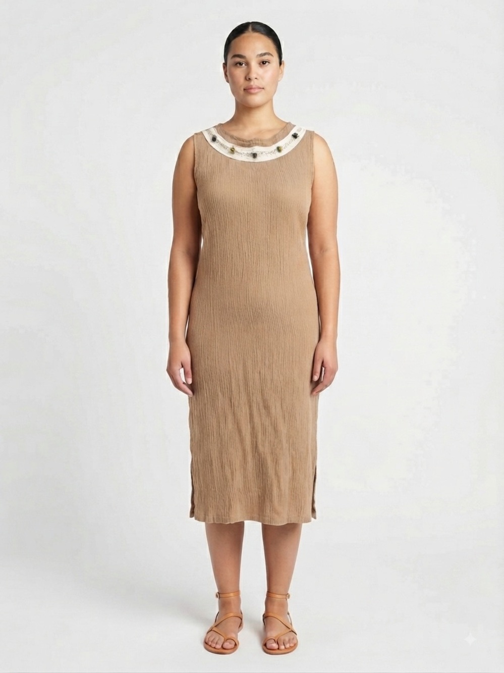 Sleeveless Camel Midi Dress with Embellished Cream Collar